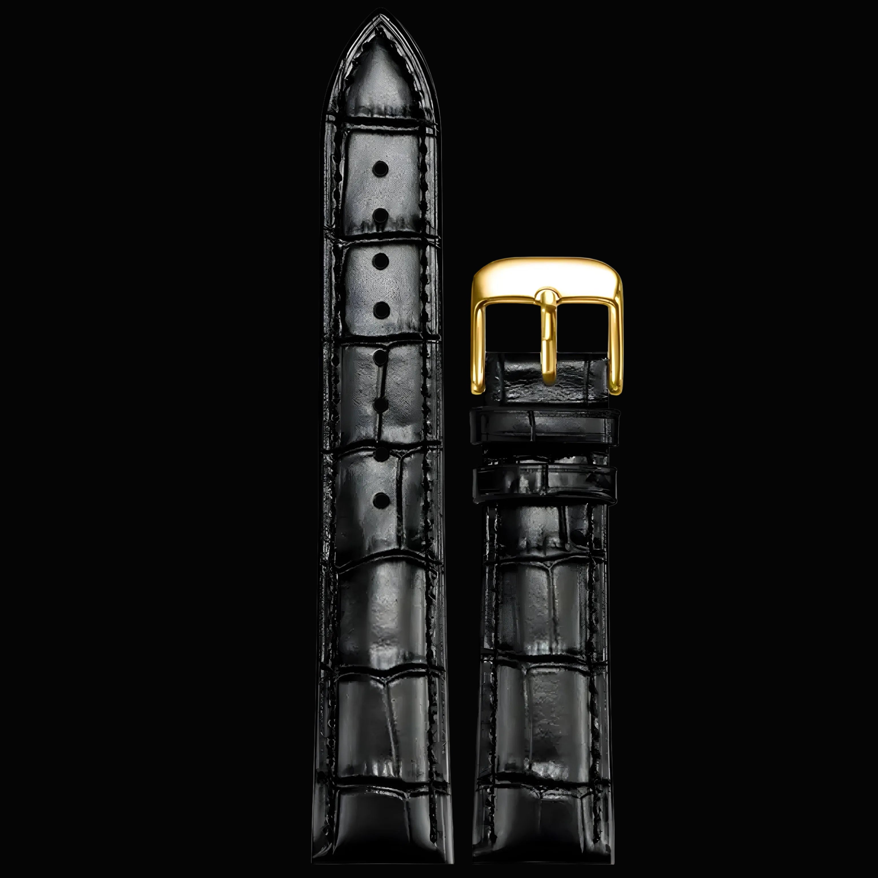 Black alligator leather watch strap with a gold buckle, shown in front and back views against a white background.
Details