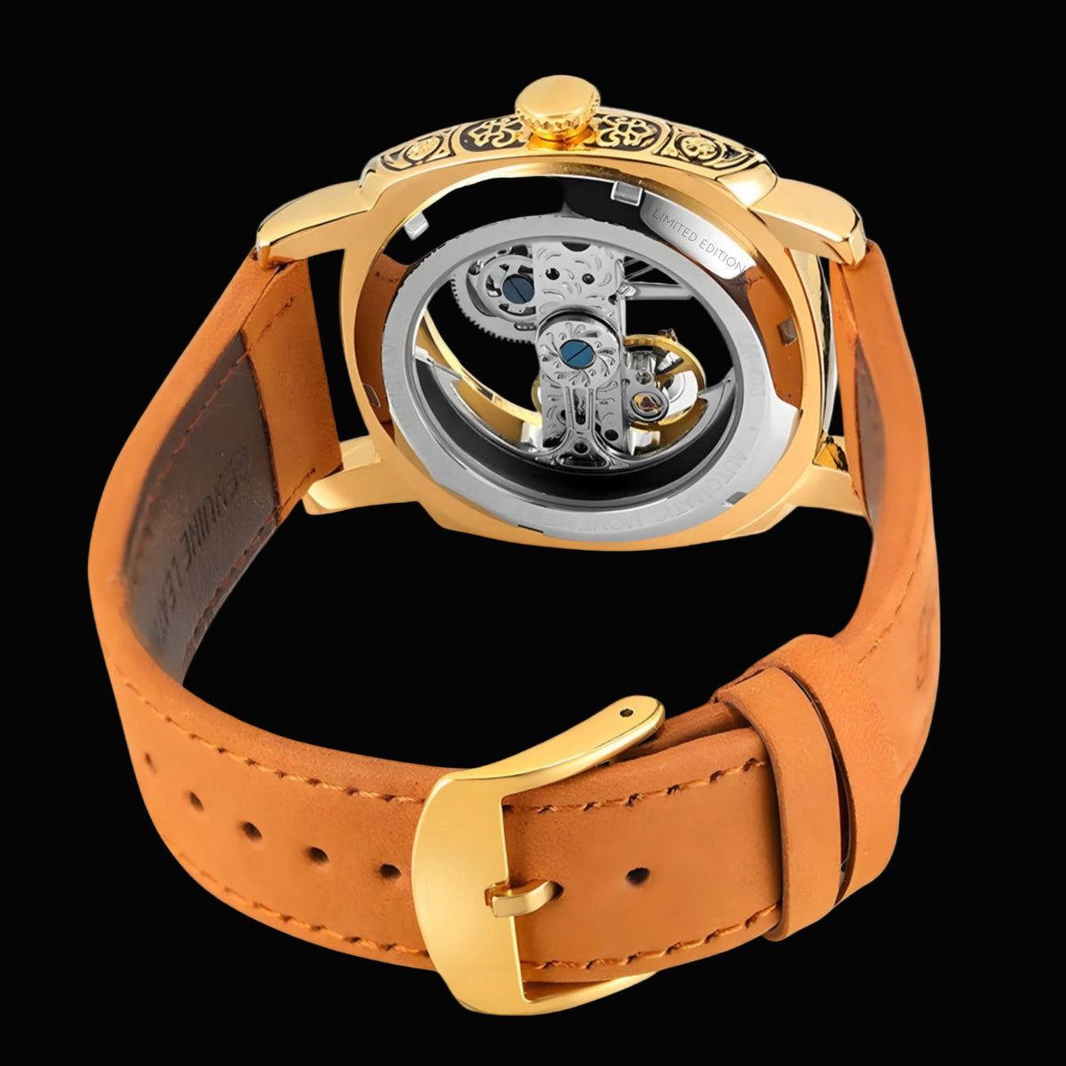 A luxury watch shown from the back, featuring a polished gold-tone case with an ornate engraved crown, a transparent dial revealing a mechanical movement, and a tan leather strap with gold hardware.