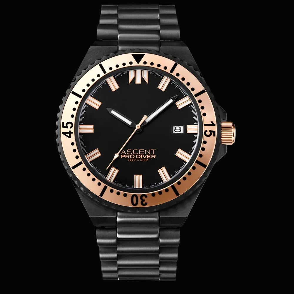 A black and rose gold Ascent Pro Diver watch with a black dial, black bezel, and a black link bracelet, shown on a white background.