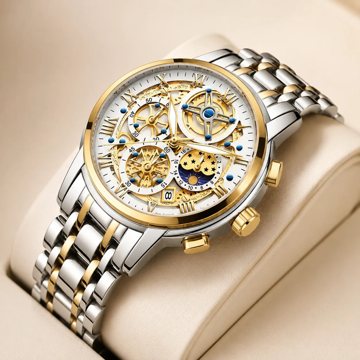 Skeleton Chronograph watch displayed on a presentation cushion