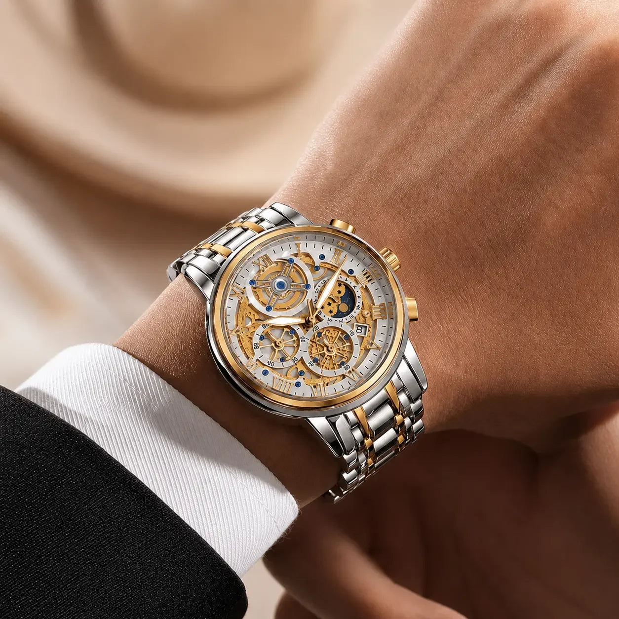 Skeleton Chronograph watch by Moment Cadeau worn on wrist